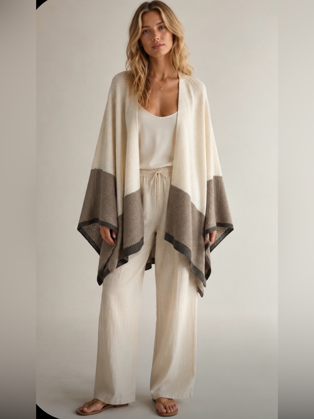 Open-Front Cream and Taupe Knit Cabincore Cozy Coastal Minimalist Poncho